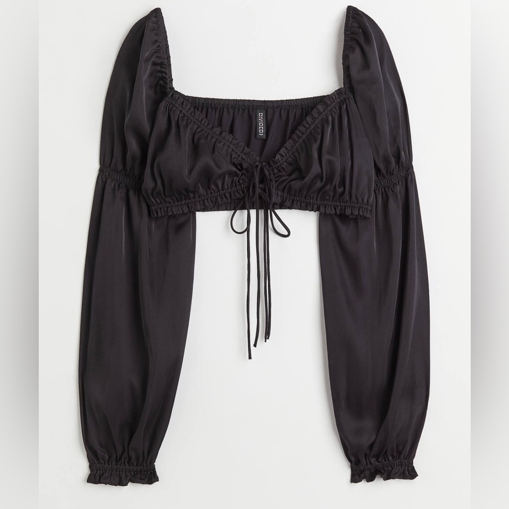 H&M - Long Sleeve Satin Crop Top Black - Size Small